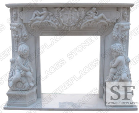White Marble Fireplace, White Mantel, French, Angel Cherubim